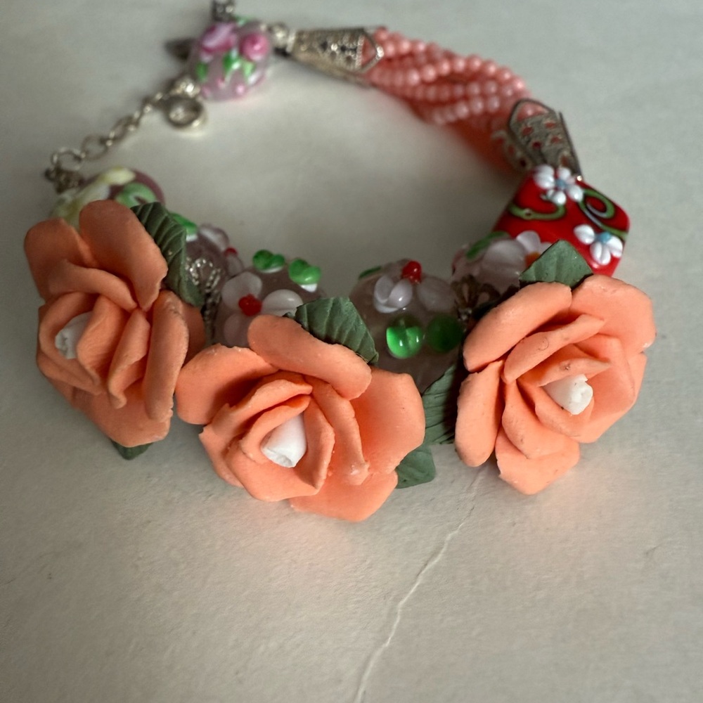 Floral Bracelet with Peach Roses and Lampwork beads